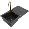 Mexen Cesar granite sink 1-bowl with drainer and Telma kitchen tap, black/gold - 6514-75-670200-50-B