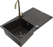Mexen Cesar granite sink 1-bowl with drainer and Telma kitchen tap, black/gold - 6514-75-670200-50-B