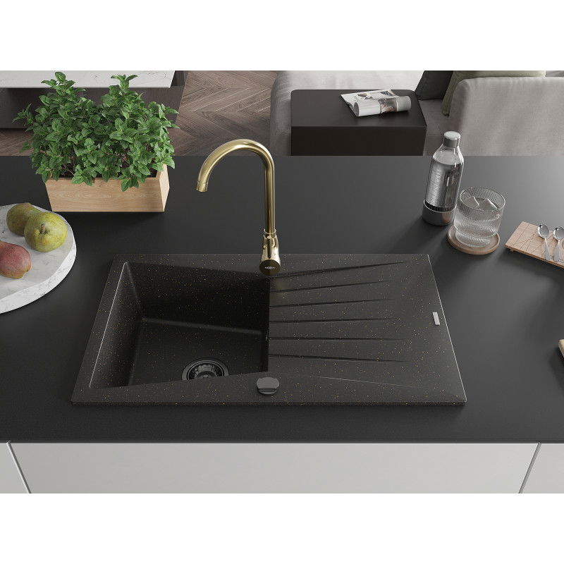 Mexen Cesar granite sink 1-bowl with drainer and Telma kitchen tap, black/gold - 6514-75-670200-50-B