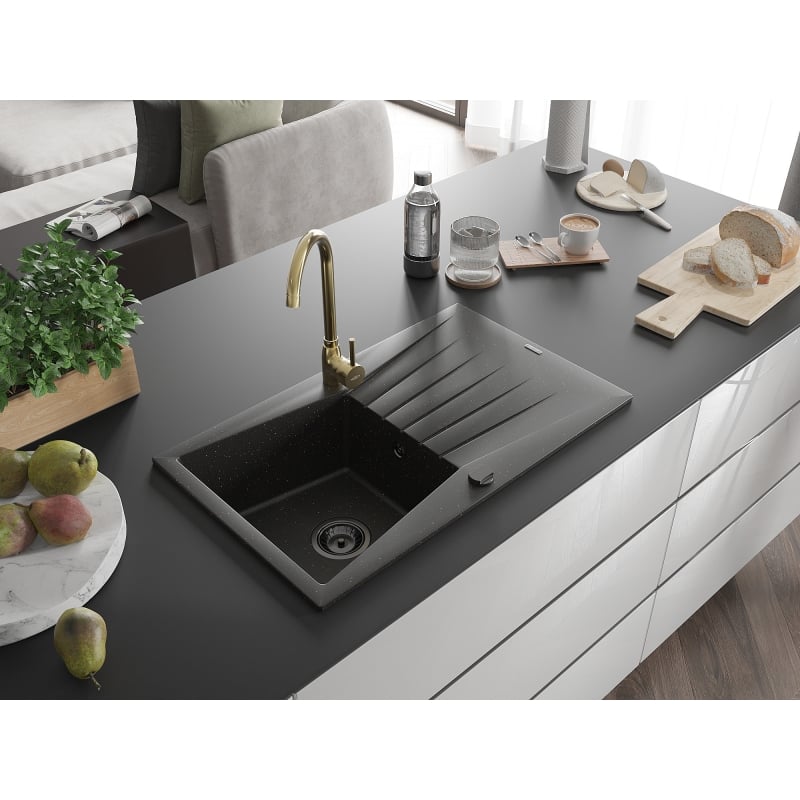 Mexen Cesar 1-bowl granite sink with drainer and Telma kitchen faucet, black/gold - 6514-75-670200-50-B