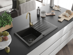 Mexen Cesar 1-bowl granite sink with drainer and Telma kitchen faucet, black/gold - 6514-75-670200-50-B