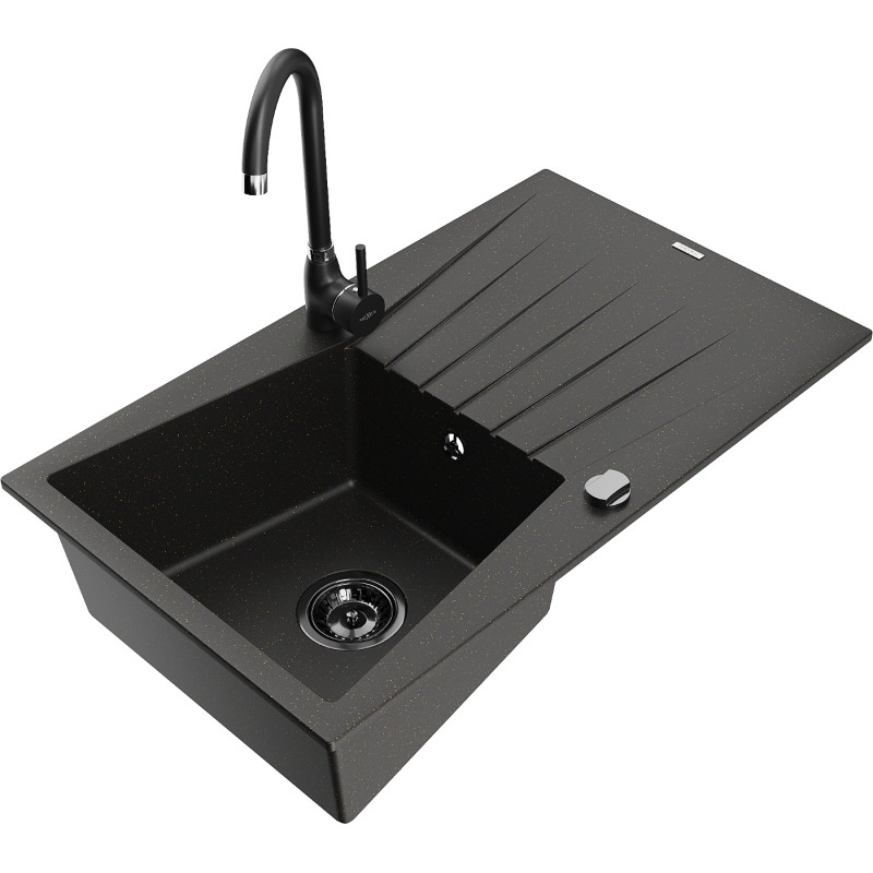 Mexen Cesar 1-bowl granite sink with drainer and Telma kitchen faucet, black/gold - 6514-75-670200-70-B