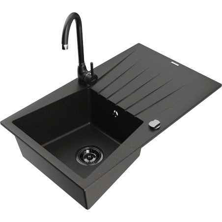 Mexen Cesar 1-bowl granite sink with drainer and Telma kitchen faucet, black/gold - 6514-75-670200-70-B