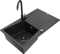 Mexen Cesar 1-bowl granite sink with drainer and kitchen faucet Telma, black/gold - 6514-75-670200-70-B
