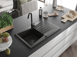 Mexen Cesar 1-bowl granite sink with drainer and kitchen faucet Telma, black/gold - 6514-75-670200-70-B