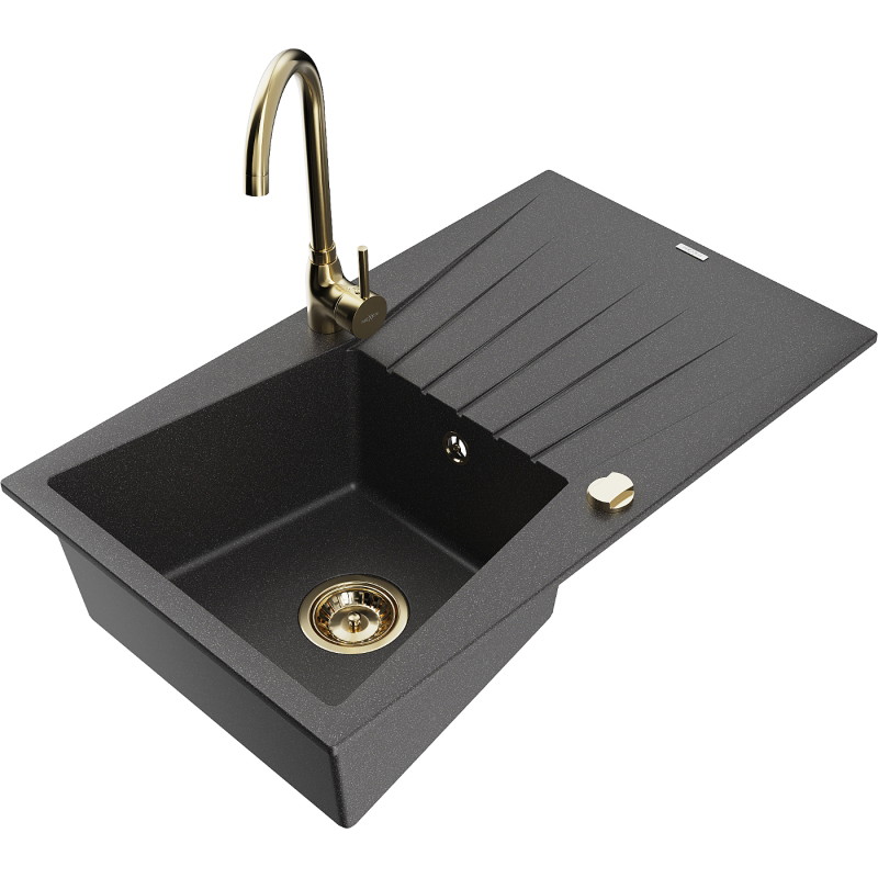 Mexen Cesar 1-bowl granite sink with drainer and Telma kitchen faucet, speckled black - 6514-76-670200-50