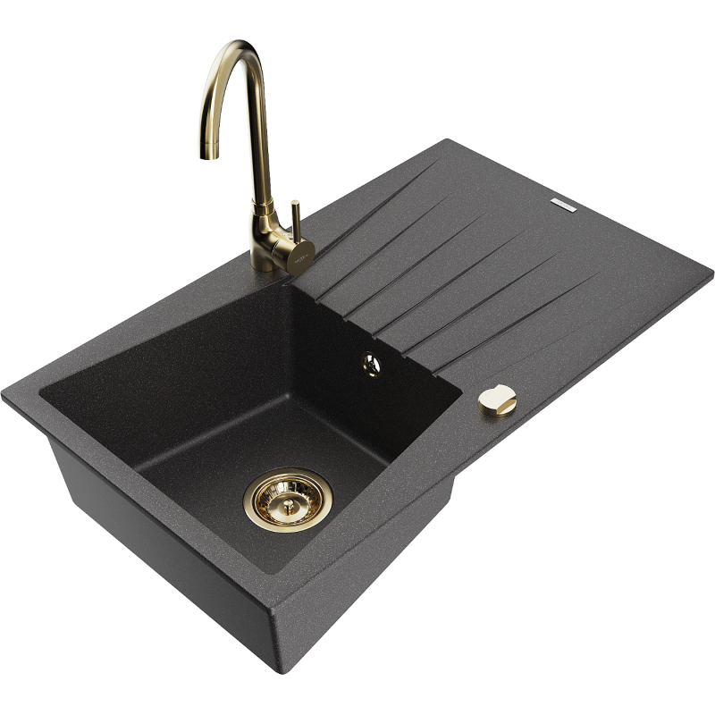 Mexen Cesar 1-compartment granite sink with a drip tray and kitchen mixer tap Telma, spotted black - 6514-76-670200-50