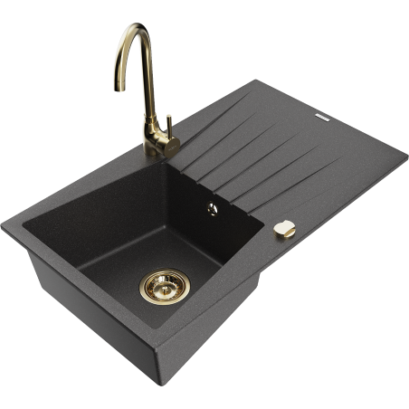 Mexen Cesar 1-bowl granite sink with drainer and Telma kitchen faucet, black speckled - 6514-76-670200-50