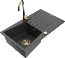 Mexen Cesar granite sink 1-bowl with drainer and Telma kitchen mixer tap, black speckled - 6514-76-670200-50