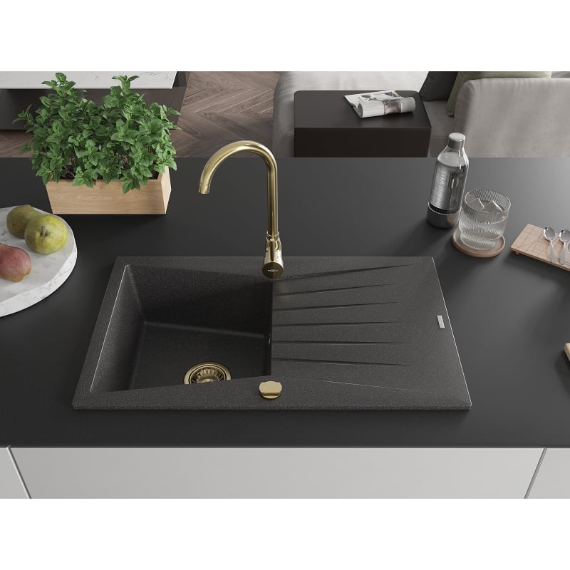 Mexen Cesar 1-bowl granite sink with drainer and Telma kitchen faucet, black speckled - 6514-76-670200-50