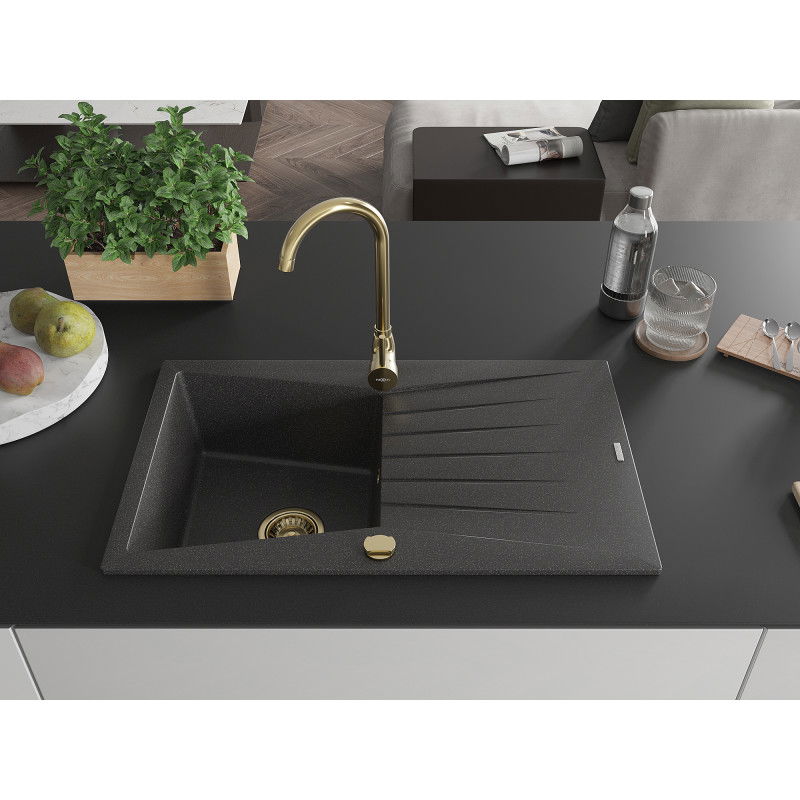 Mexen Cesar granite sink 1-bowl with drainer and Telma kitchen mixer tap, black speckled - 6514-76-670200-50