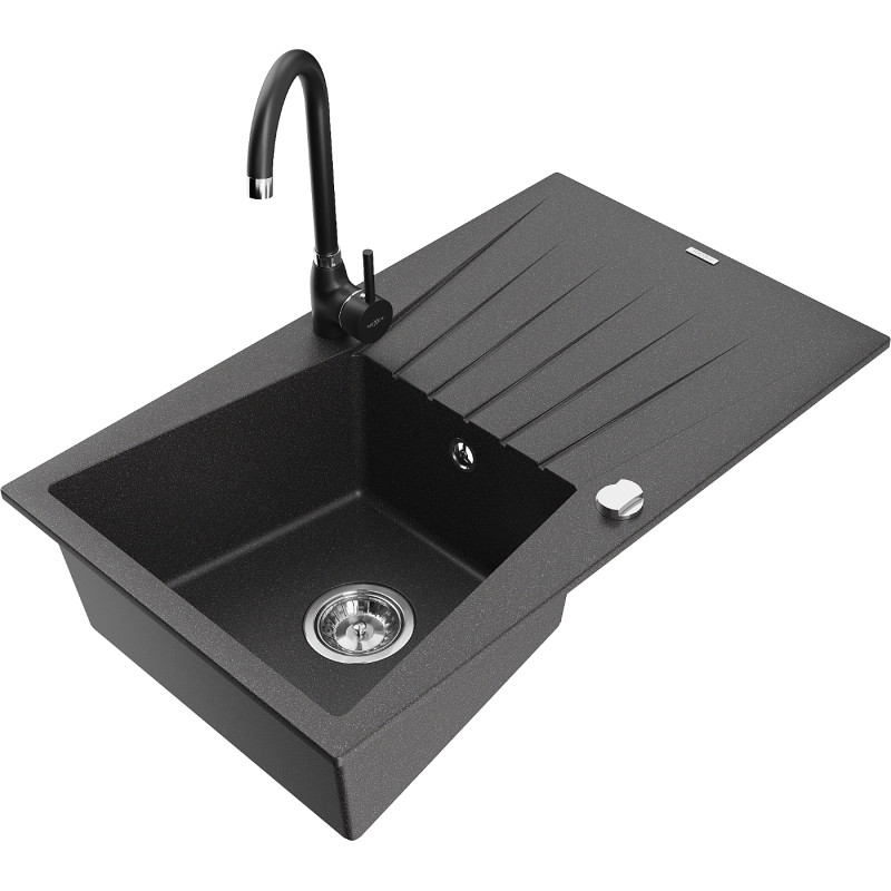 Mexen Cesar granite sink 1-bowl with drainer and kitchen faucet Telma, speckled black - 6514-76-670200-70