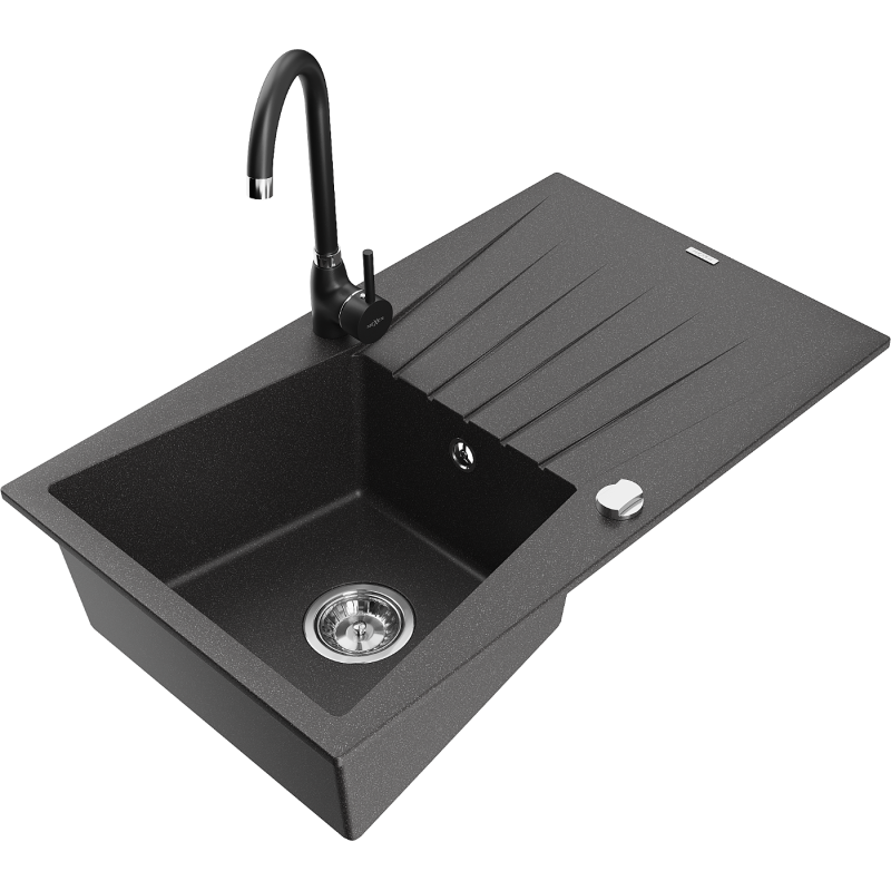 Mexen Cesar granite sink 1-bowl with drainer and Telma kitchen tap, black speckled - 6514-76-670200-70