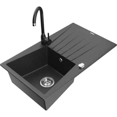 Mexen Cesar granite sink 1-bowl with drainer and Telma kitchen tap, black speckled - 6514-76-670200-70