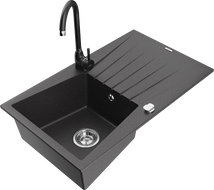 Mexen Cesar granite sink 1-bowl with drainer and kitchen faucet Telma, speckled black - 6514-76-670200-70