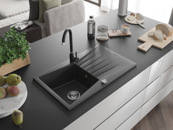 Mexen Cesar 1-bowl granite sink with drainer and Telma kitchen faucet, speckled black - 6514-76-670200-70