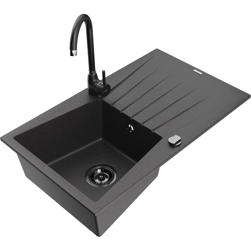 Mexen Cesar 1-compartment granite sink with a drip tray and kitchen mixer tap Telma, spotted black - 6514-76-670200-70-B