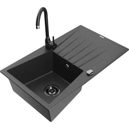 Mexen Cesar granite sink 1-bowl with drainer and Telma kitchen faucet, black speckled - 6514-76-670200-70-B