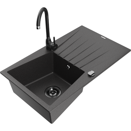 Mexen Cesar granite sink 1-bowl with drainer and Telma kitchen tap, black speckled - 6514-76-670200-70-B