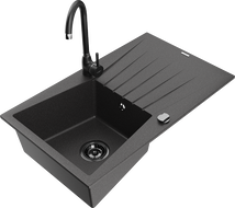 Mexen Cesar granite sink 1-bowl with drainer and Telma kitchen faucet, black speckled - 6514-76-670200-70-B
