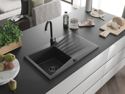 Mexen Cesar granite sink 1-bowl with drainer and Telma kitchen tap, black speckled - 6514-76-670200-70-B