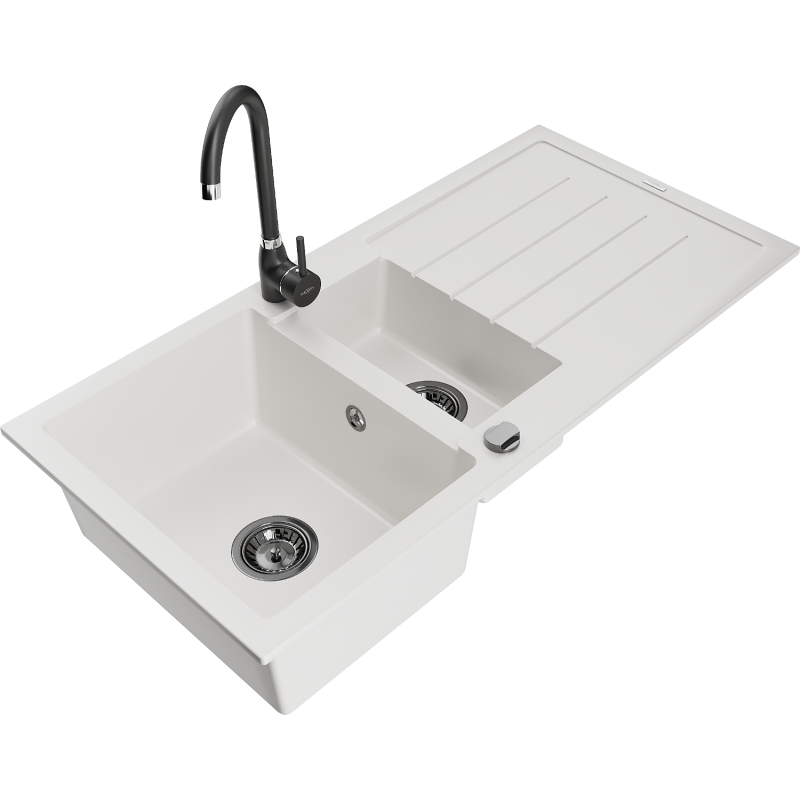 Mexen Andres 1.5-compartment granite sink with a drip tray and kitchen mixer tap Telma, White - 6515-20-670200-70