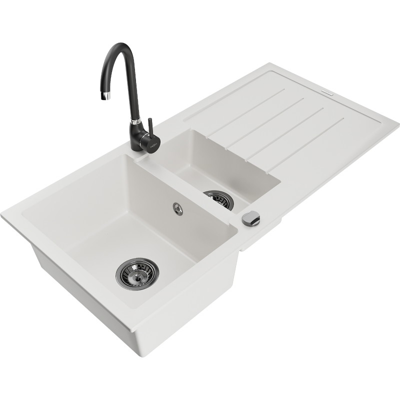 Mexen Andres granite sink 1.5-bowl with drainer and Telma kitchen faucet, white - 6515-20-670200-70