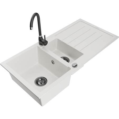 Mexen Andres 1.5-compartment granite sink with a drip tray and kitchen mixer tap Telma, White - 6515-20-670200-70