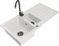Mexen Andres granite sink 1.5-bowl with drainer and kitchen faucet Telma, white - 6515-20-670200-70
