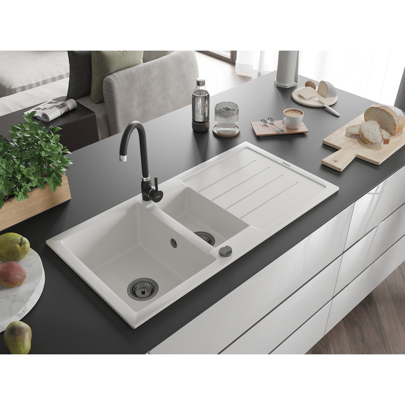 Mexen Andres granite sink 1.5-bowl with drainer and kitchen faucet Telma, white - 6515-20-670200-70