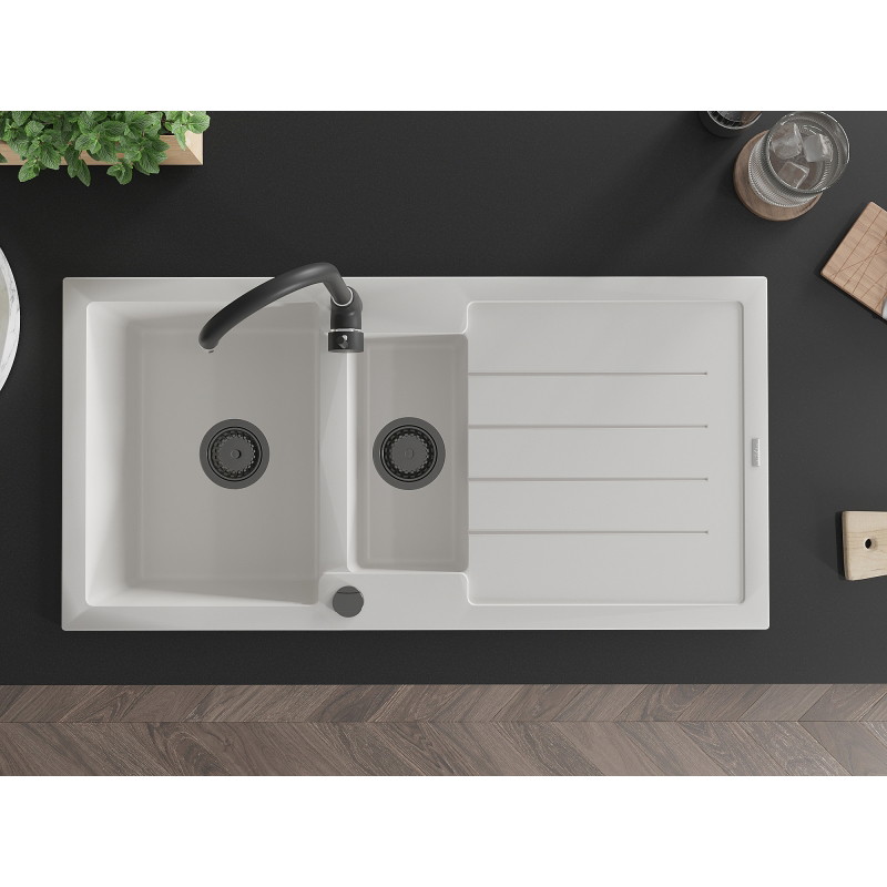 Mexen Andres granite sink 1.5-bowl with drainer and kitchen faucet Telma, white - 6515-20-670200-70