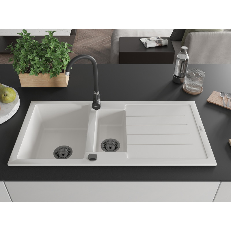 Mexen Andres granite sink 1.5-bowl with drainer and Telma kitchen faucet, white - 6515-20-670200-70