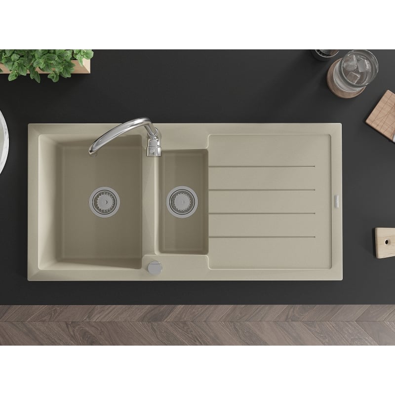Mexen Andres granite sink 1.5-bowl with drainer and kitchen faucet Telma, beige - 6515-69-670200-00