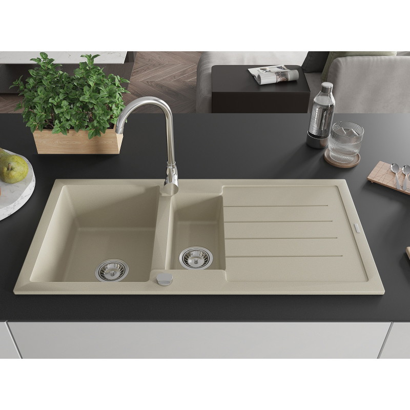 Mexen Andres 1.5-bowl granite sink with drainer and Telma kitchen faucet, beige - 6515-69-670200-00