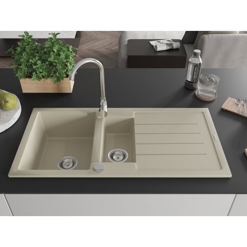 Mexen Andres granite sink 1.5-bowl with drainer and kitchen faucet Telma, beige - 6515-69-670200-00