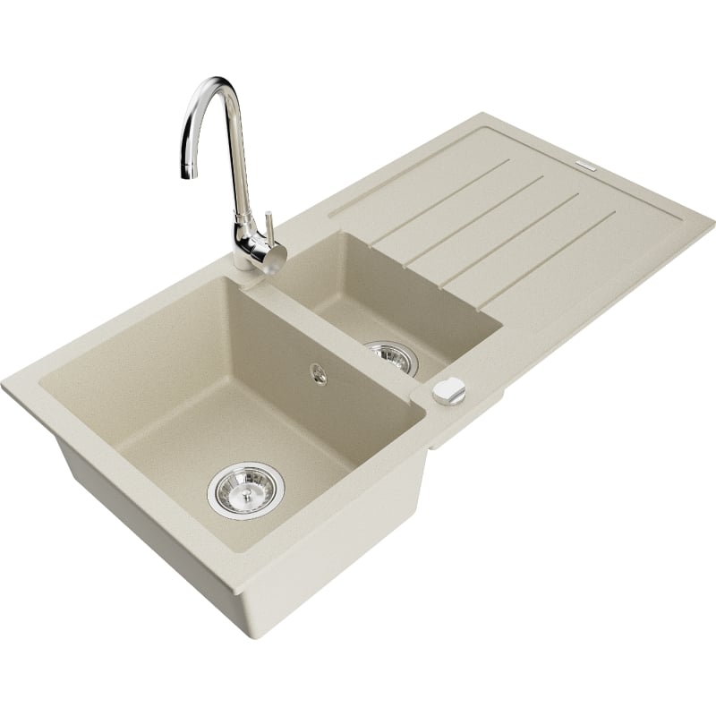 Mexen Andres granite sink 1.5-bowl with drainer and kitchen faucet Telma, beige - 6515-69-670200-00