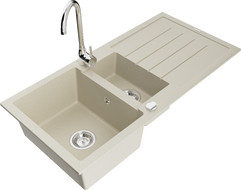 Mexen Andres 1.5-compartment granite sink with a drip tray and kitchen mixer tap Telma, Beige - 6515-69-670200-00