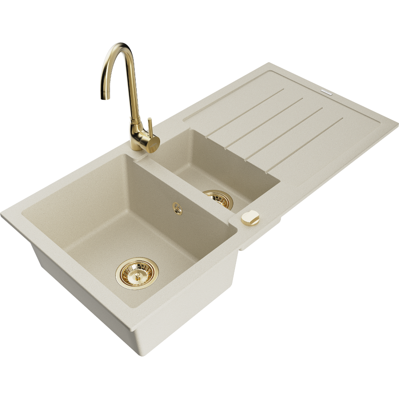 Mexen Andres 1.5-compartment granite sink with a drip tray and kitchen mixer tap Telma, Beige - 6515-69-670200-50