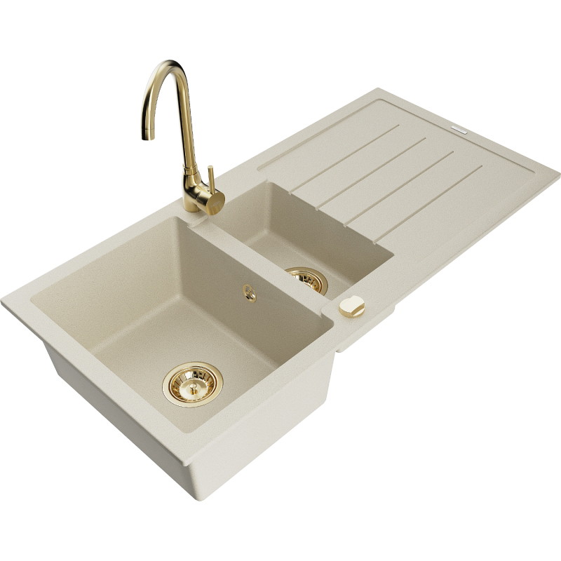 Mexen Andres granite kitchen sink 1.5-bowl with drainer and Telma kitchen faucet, beige - 6515-69-670200-50