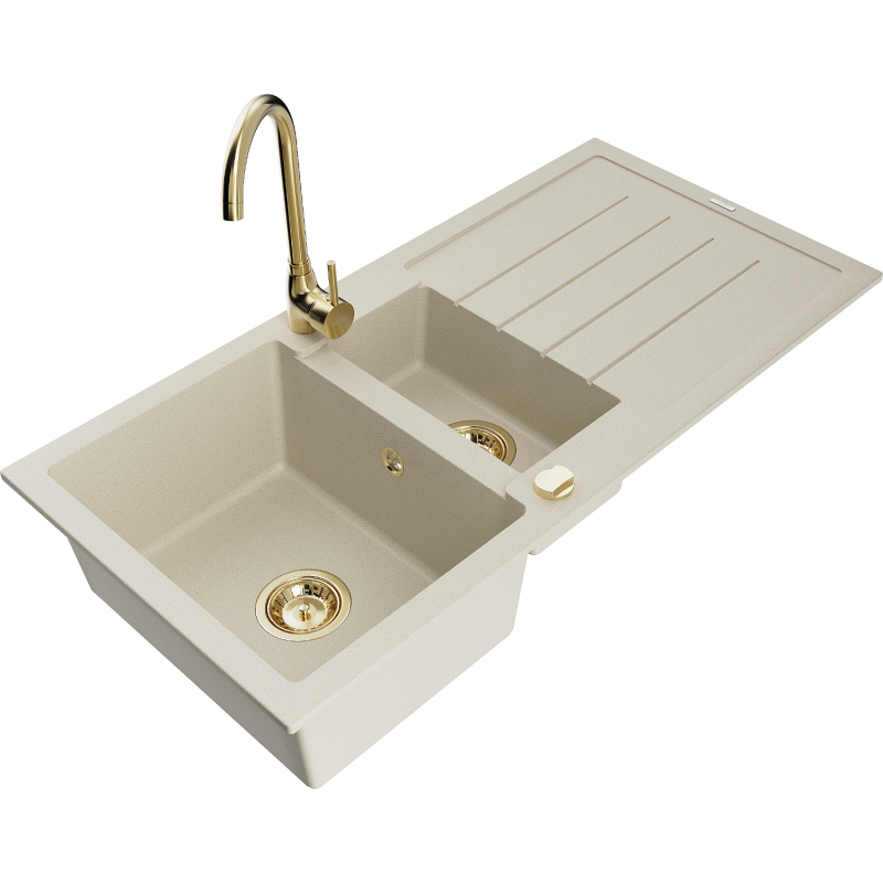 Mexen Andres granite sink 1.5-bowl with drainer and Telma kitchen tap, beige - 6515-69-670200-50
