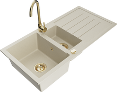 Mexen Andres granite kitchen sink 1.5-bowl with drainer and Telma kitchen faucet, beige - 6515-69-670200-50