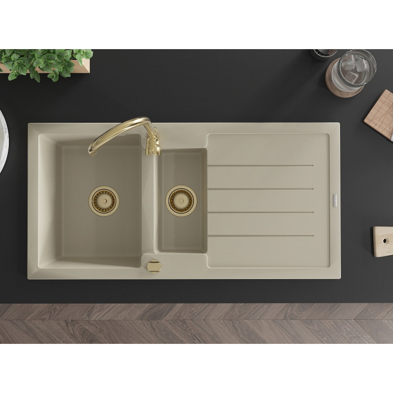 Mexen Andres granite kitchen sink 1.5-bowl with drainer and Telma kitchen faucet, beige - 6515-69-670200-50