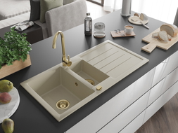 Mexen Andres granite kitchen sink 1.5-bowl with drainer and Telma kitchen faucet, beige - 6515-69-670200-50