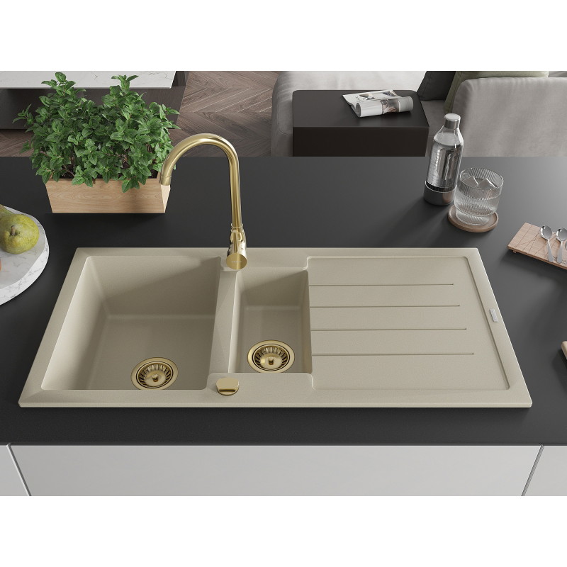 Mexen Andres granite kitchen sink 1.5-bowl with drainer and Telma kitchen faucet, beige - 6515-69-670200-50