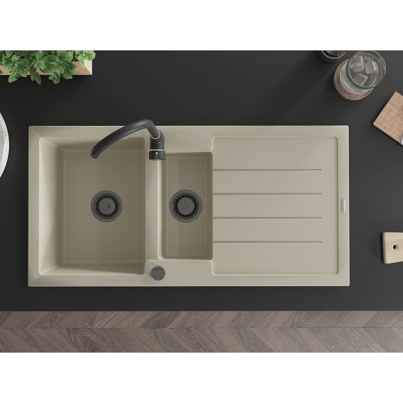 Mexen Andres granite sink 1.5-bowl with drainer and Telma kitchen faucet, beige - 6515-69-670200-70