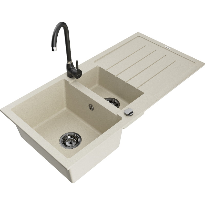Mexen Andres granite sink 1.5-bowl with drainer and Telma kitchen faucet, beige - 6515-69-670200-70