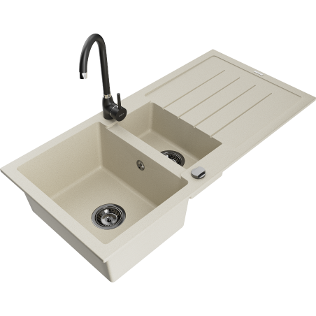 Mexen Andres 1.5-compartment granite sink with a drip tray and kitchen mixer tap Telma, Beige - 6515-69-670200-70