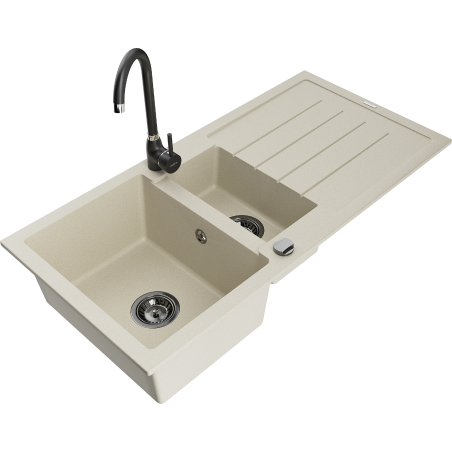 Mexen Andres granite sink 1.5-bowl with drainer and Telma kitchen faucet, beige - 6515-69-670200-70