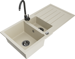 Mexen Andres 1.5-compartment granite sink with a drip tray and kitchen mixer tap Telma, Beige - 6515-69-670200-70