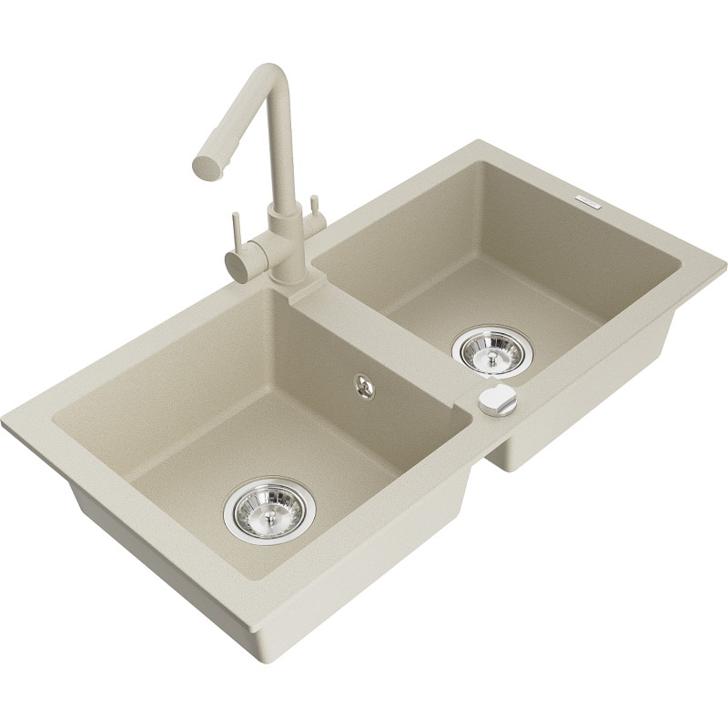 Mexen Mario Granite Double-Bowl Sink with Duero Kitchen Faucet, Beige - 6504-69-671600-69